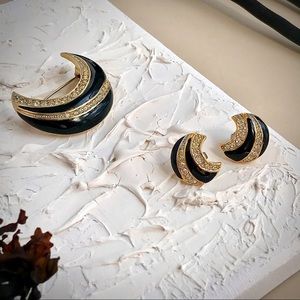 Vintage Black Enamel Crescent Moon Set | Brooch & Stud Ear